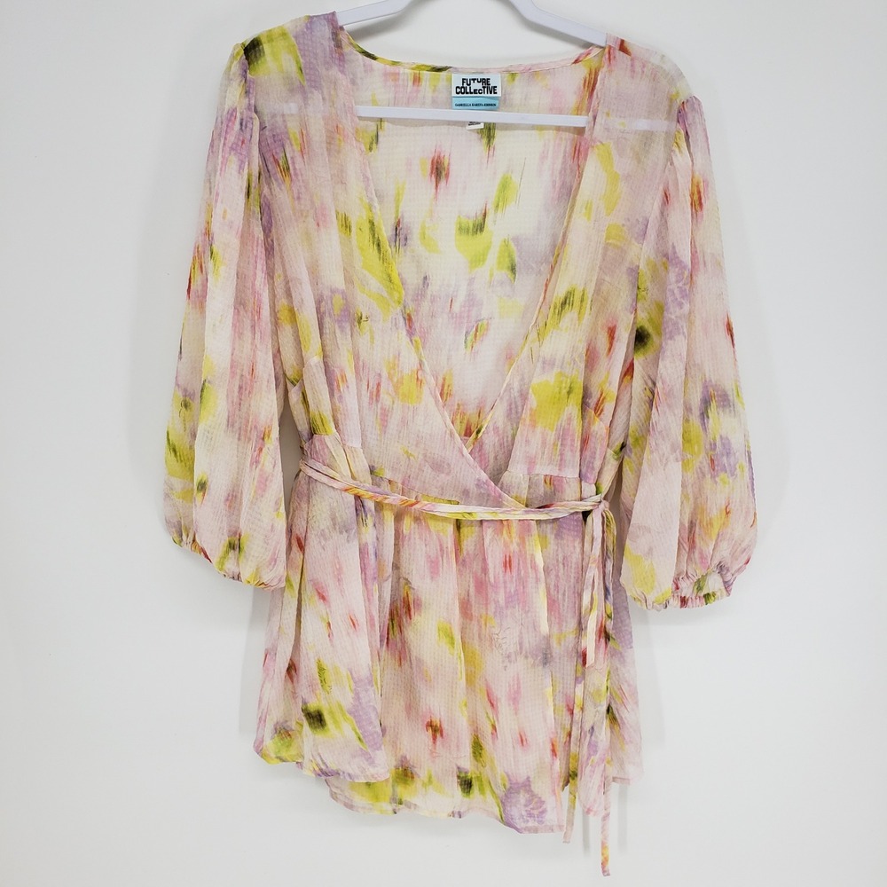 Future Collective Watercolor Abstract Wrap Top Women XXL Pink Yellow Chiffon NEW